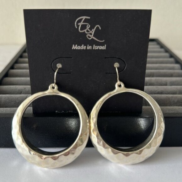 E&L Israel 925 Sterling Silver Circle Hammered Electroform Dangle Earrings - Picture 4 of 15